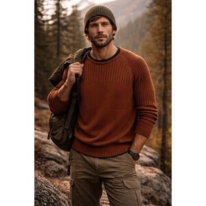 Columbia Sweater Men's Large ROC II Crewneck Knit Cotton Burnt Orange Preppy DAD